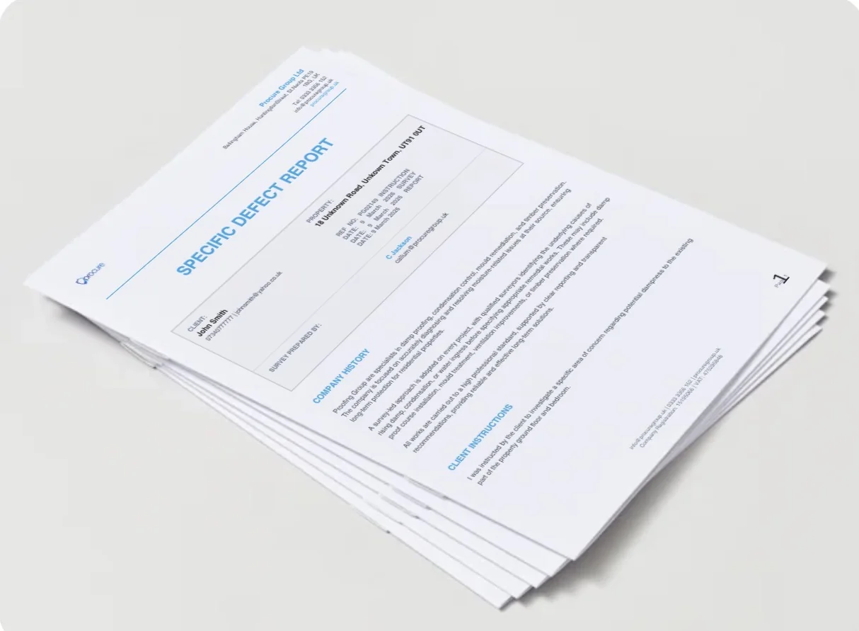 A printed Procure Group Specific Defect Report, showing the front page with client instructions and company history