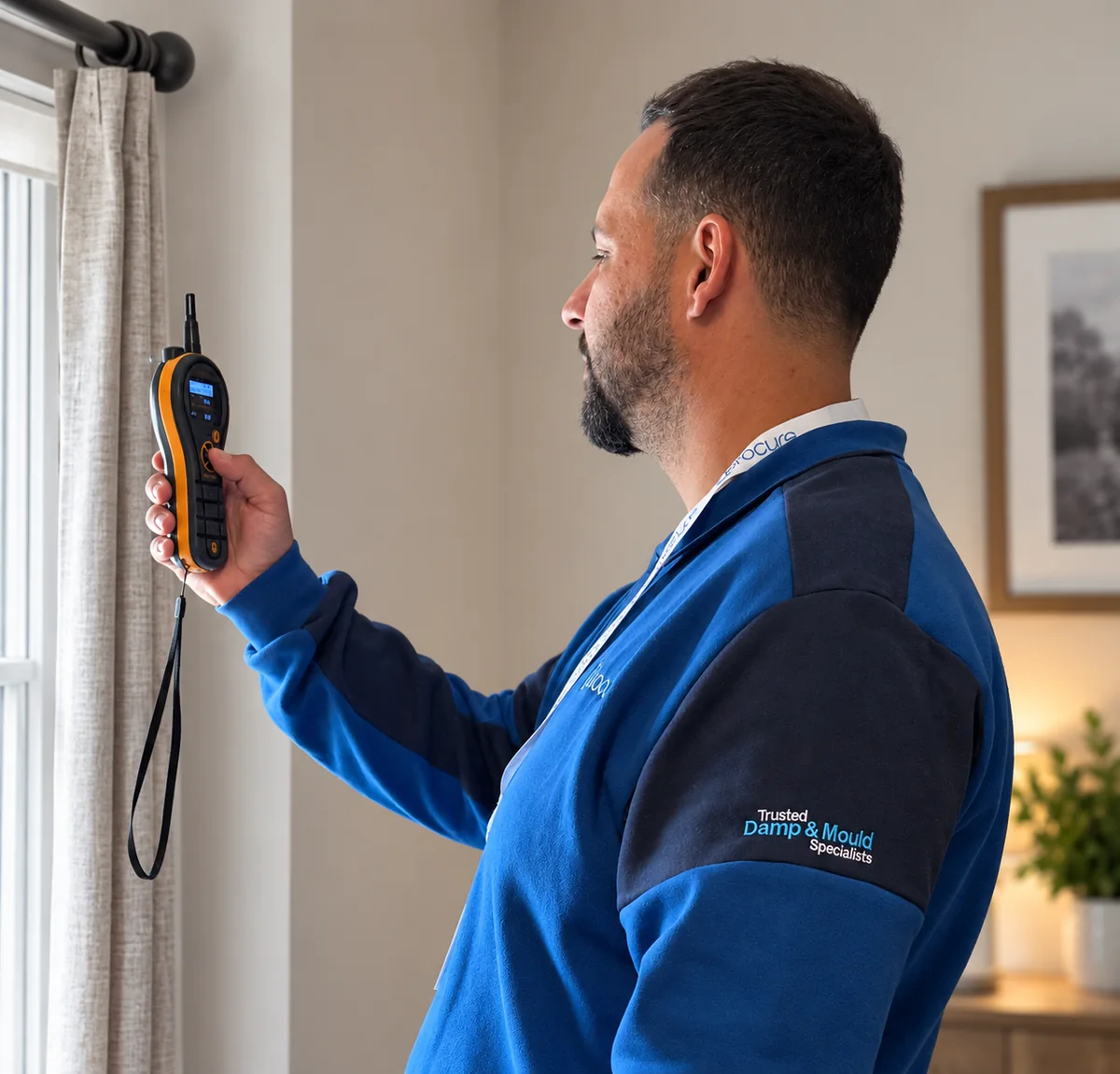 A Procure Group surveyor taking a hygrometer reading beside a window in a customer's home