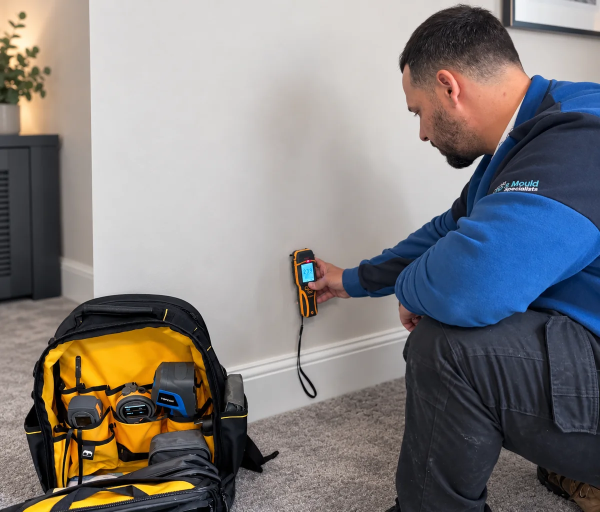 A Procure Group surveyor taking a moisture reading at low level on an internal wall, with survey instruments in an open tool bag